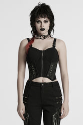 Black Sleeveless Lace-Up Rivet Buckle Women's Punk Vest